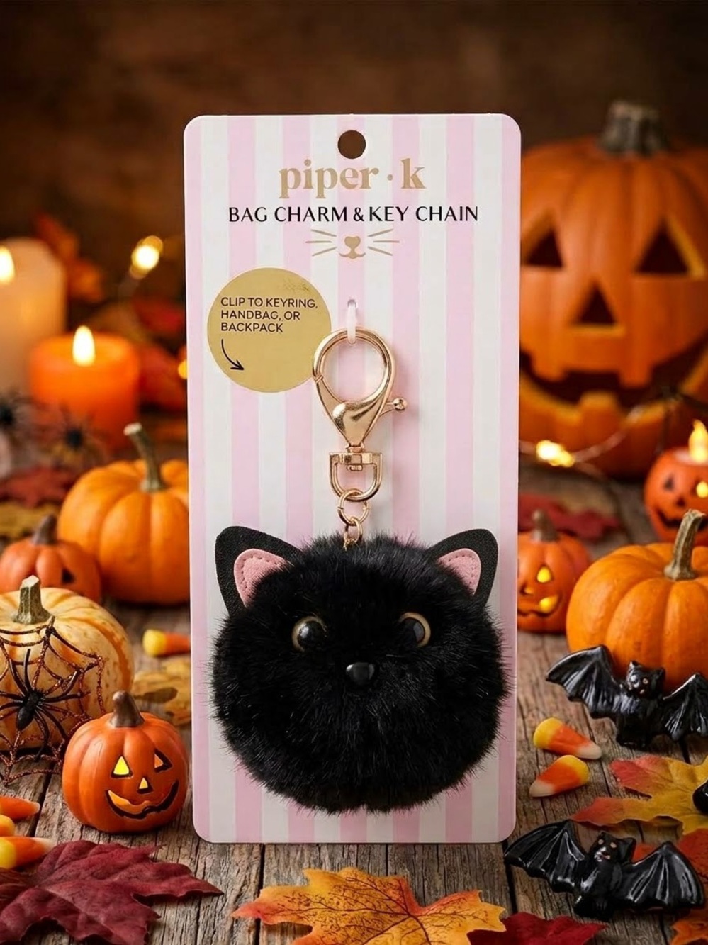 Piper Black Faux Fur Cat Pom Bag Charm with Pink-Eared Accent